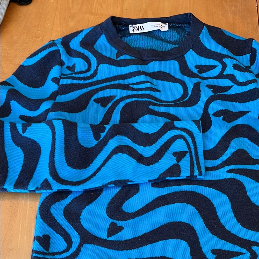 Zara Blue and Black Patterned Crew Neck Sweater
